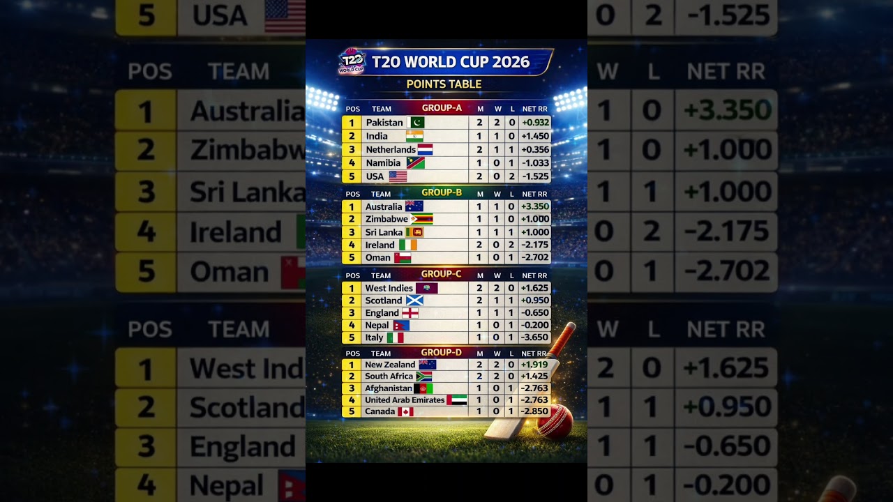 Shocking Points Table Update 😱 | T20 World Cup 2026 Latest Standings! 🔥