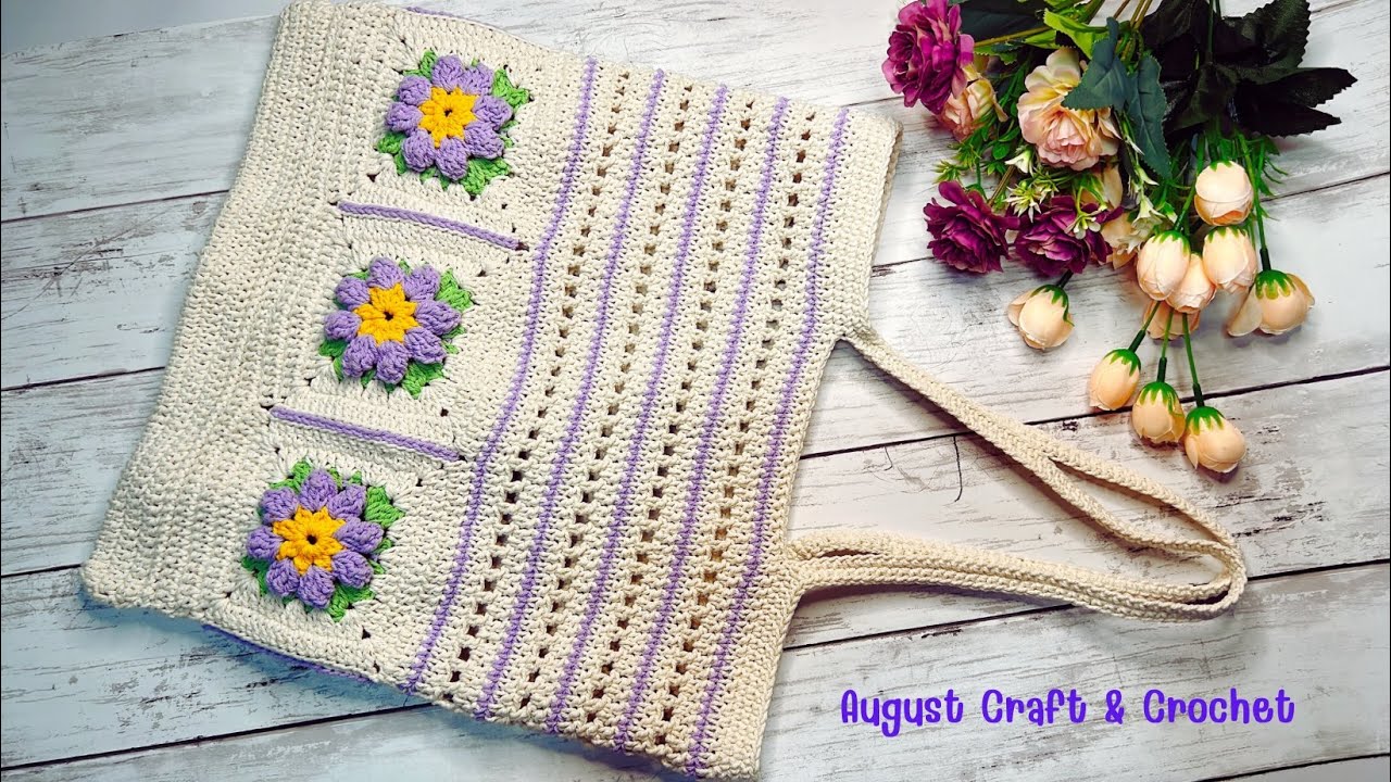 simple but outstanding . How to Crochet Flower Granny Square Tote Bag.