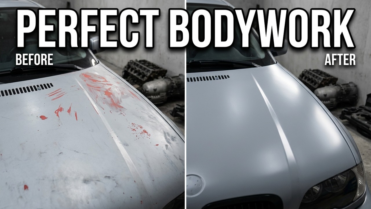 How to use spot glazing putty and primer. BMW E46 hood body work and sanding Prep for wrap.