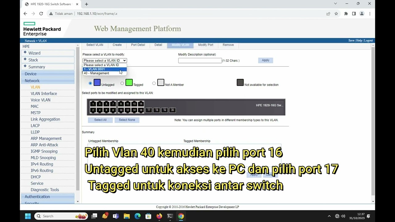 Seting Ip dan VLAN Switch HP 1920 16G part 1