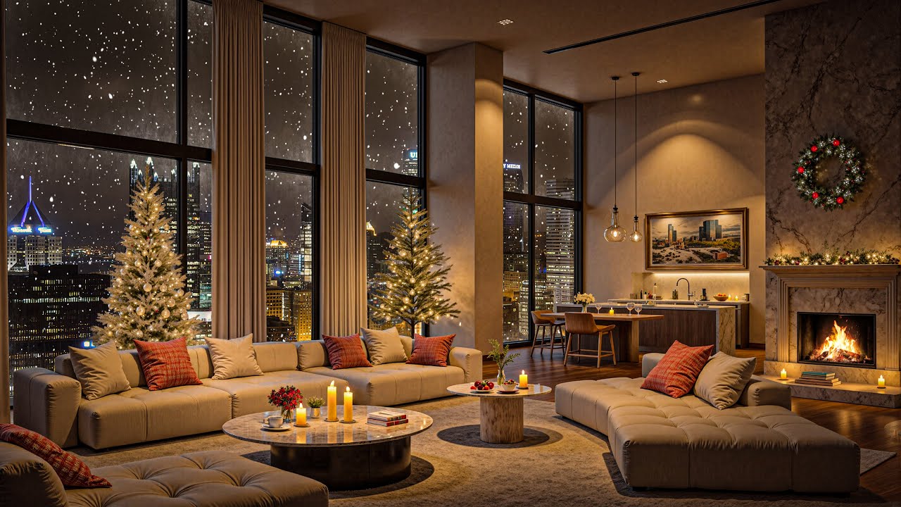 ❄️ Luxury Snowy City Apartment Jazz 2026 🔥 Fireplace Crackling & Calm Winter Night Atmosphere