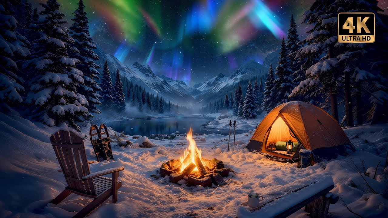 Cozy Winter Camping with Northern Lights, Crackling Campfire & Snowy Night Ambience | 4K ❄️🔥🏕️✨