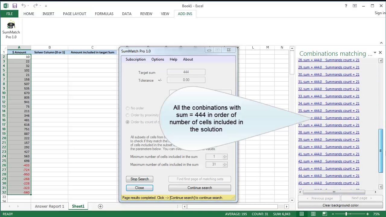 Excel: use Solver and SumMatch to find numbers that add up to your target sum