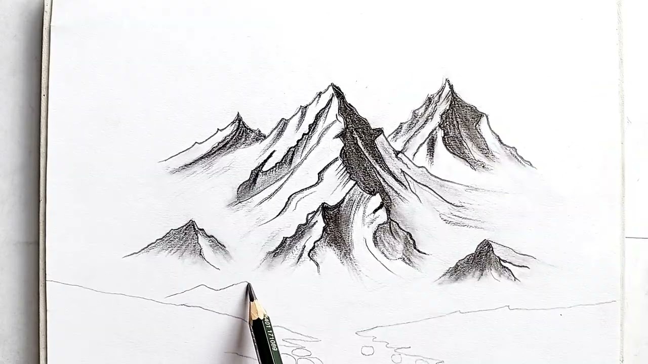 idea of drawing easy mountains scenery and rivers with pencil