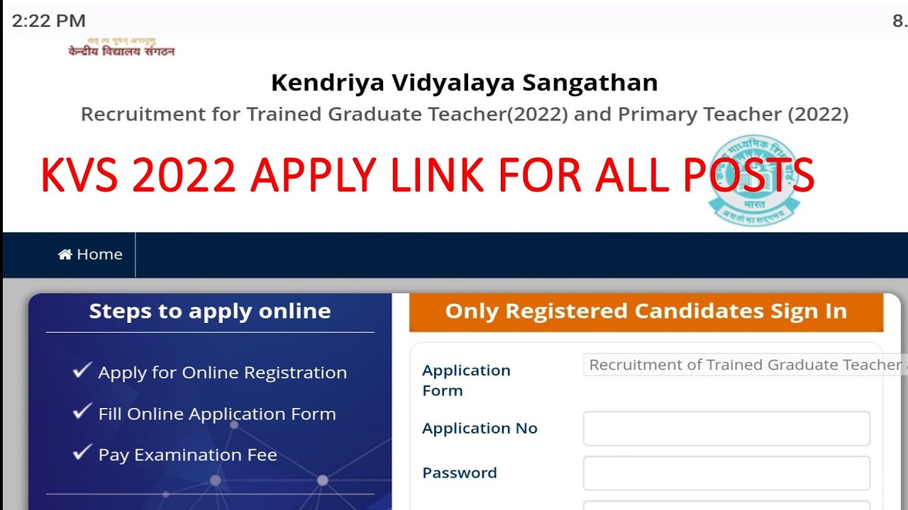 kvs 2022 application link | PRT TGT PGT PRINCIPAL and all others | #kvs2022
