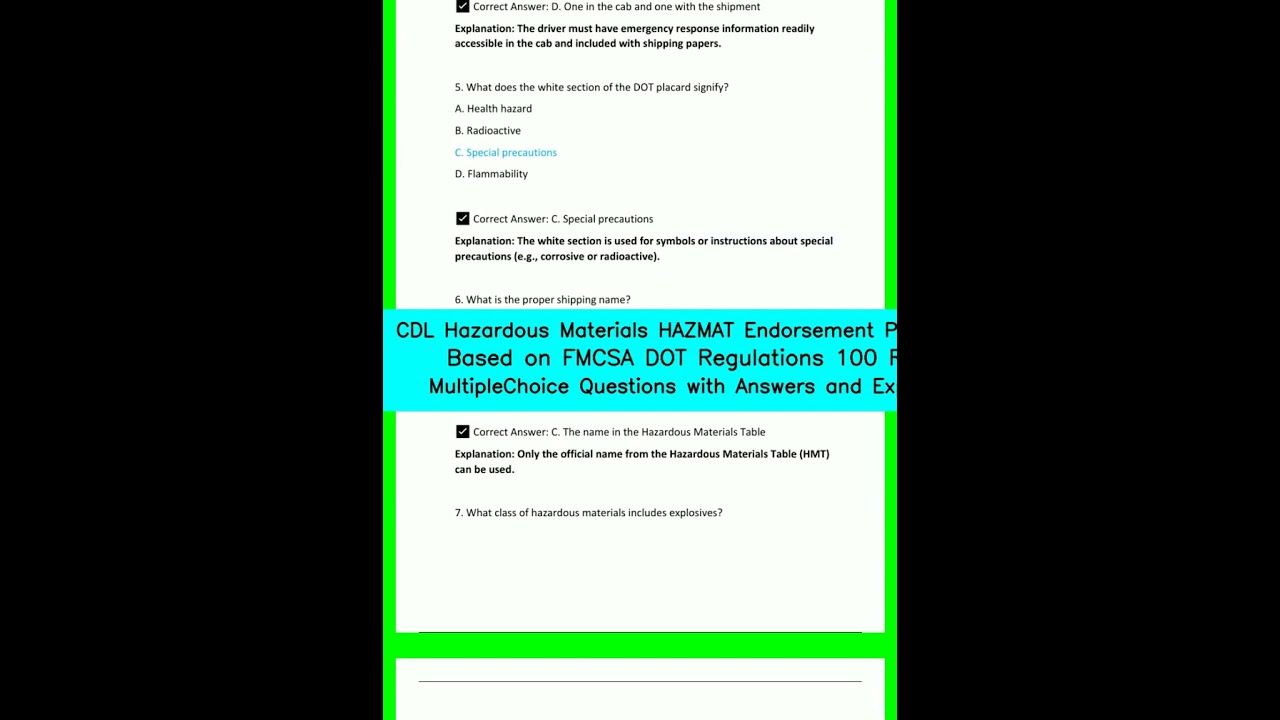 CDL Hazardous Materials HAZMAT Endorsement Practice Exam Based on FMCSA  DOT Regulations  100 Realis