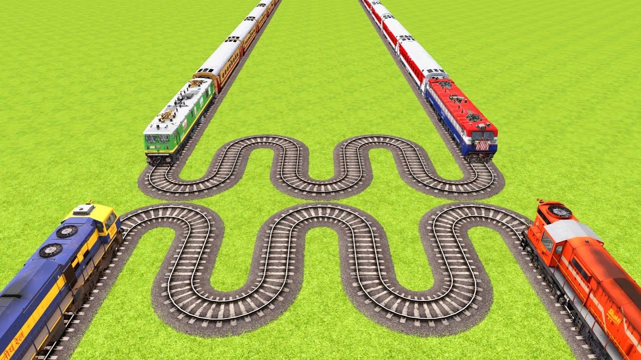 FOUR CRAZY TRAINS VS HARDLY SNAKE SHAPE TURNING RAILROAD CROSSING ▶️ Train Simulator | CrazyRails