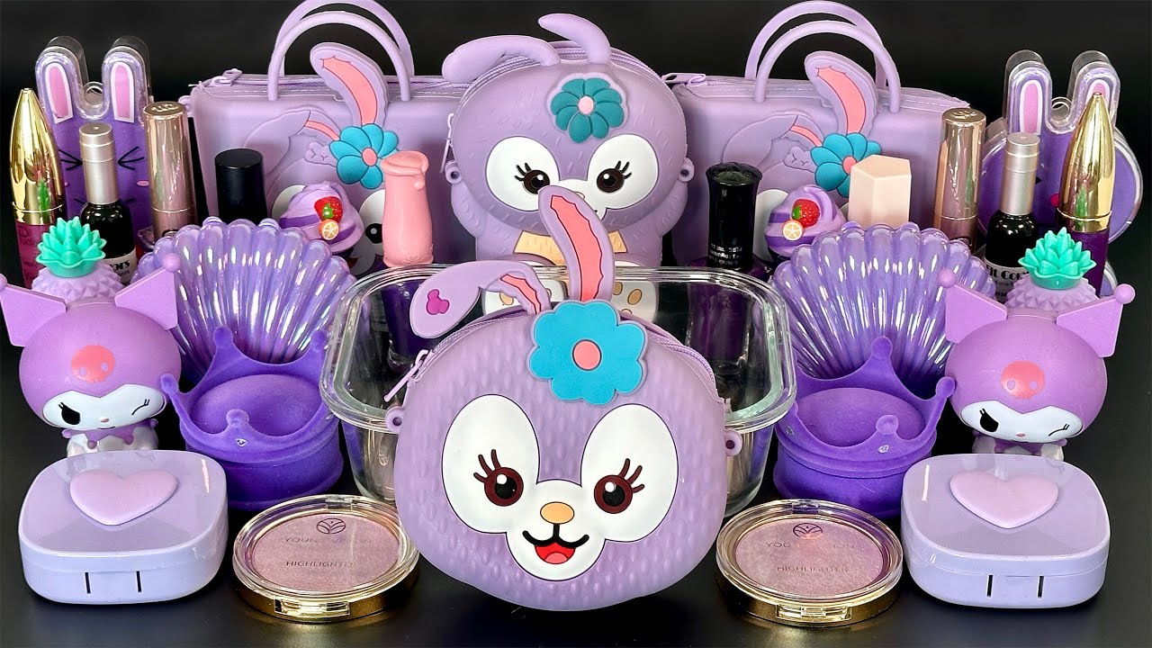 PURPLE SLIME 💜 Mixing purple Makeup Glitter and Beads into Clear Slime. ASMR Slime triggers.