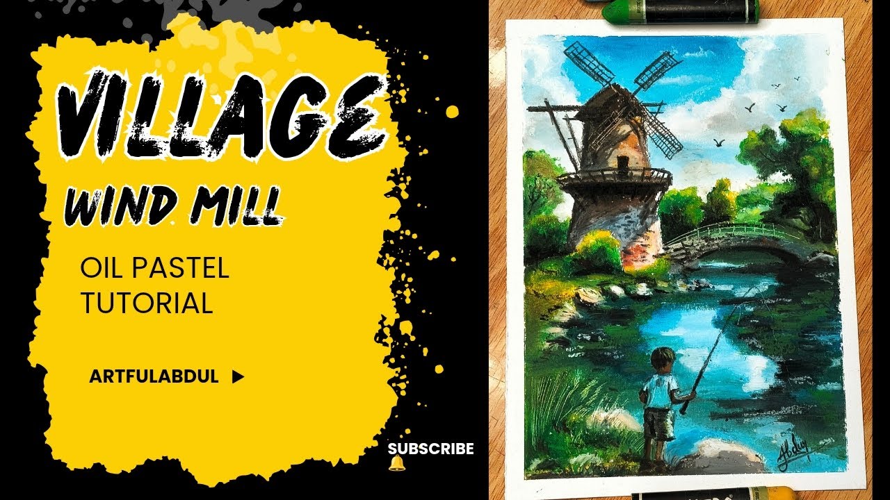 Easy Village Scenery with Wind Mill | Oil Pastel Drawing for Beginners