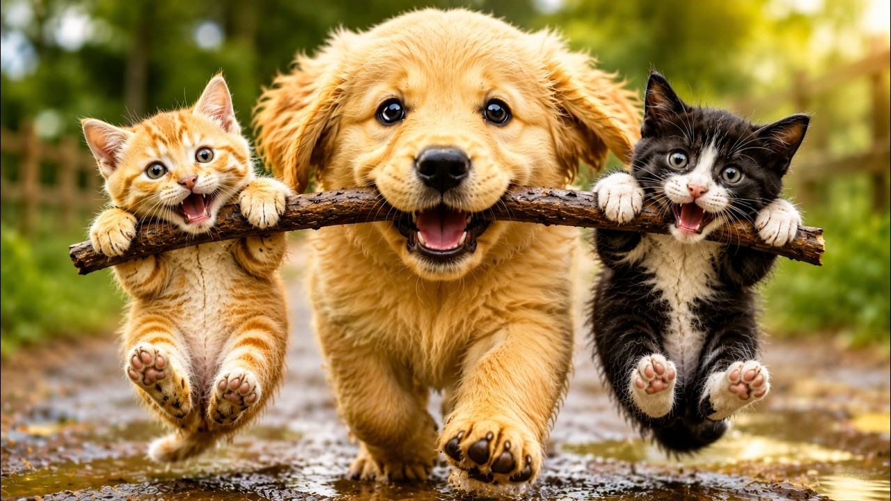 🐶 Golden Puppy Helps Two Little Kittens Find Mom | Farm Animal Sounds for Kids 🐱🐮