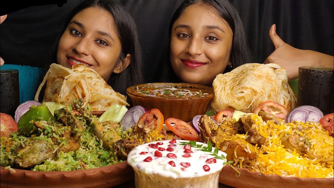 Eating Chicken🍗Dum Biryani & Green Chicken Biryani,Malabar paratha &Chicken Butter Masala Challenge😋