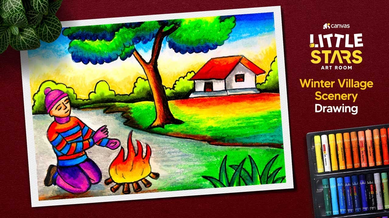 Winter drawing | Winter drawing scenery | Winter drawing village scenery | Winter drawing oil pastel