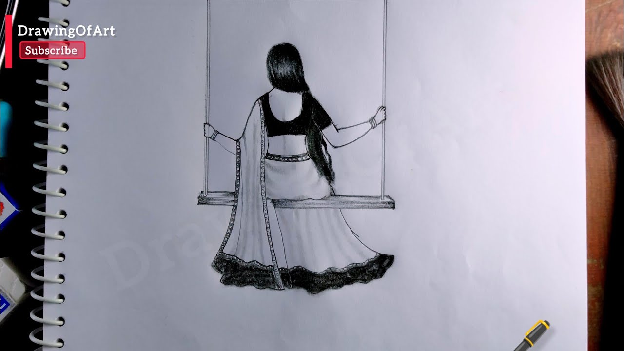 Cute girl drawing on swing || step by step tutorial || @DrawingOfArt-01
