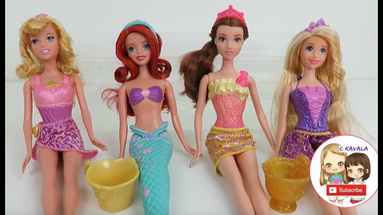 Princess Bath Rapunzel, Ariel, Belle, Aurora Color Change Swimsuit Dolls
