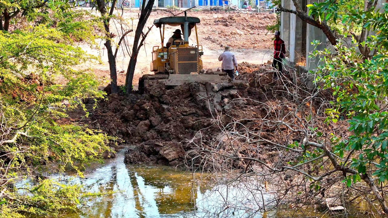Bulldozer Working Pushing Sticky Clay Filling Pond And Dump Truck Dumping Sticky Clay