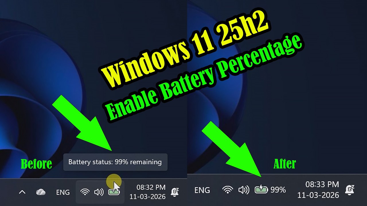 Новая функция Windows 11 25H2 — отображение процента заряда батареи на панели задач.