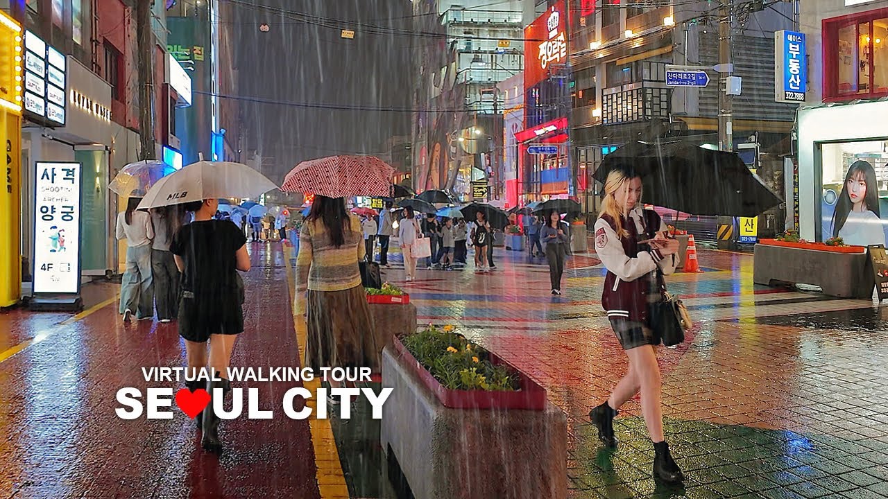 Rainy Day in Seoul Evening Walk, Hongdae Street, Friday Night, Seoul, South Korea, Travel, 4K