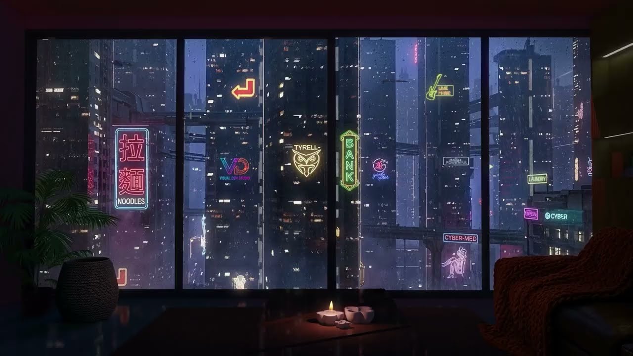 Rainy Cyberpunk Night 🌃 Relaxing Futuristic City Ambience (Rain on Window)