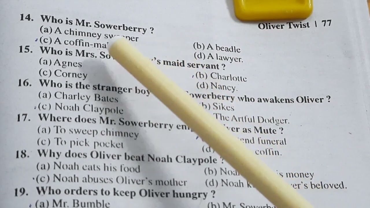 Important MCQs (objective type questions) on Oliver Twist by Charles Dickens