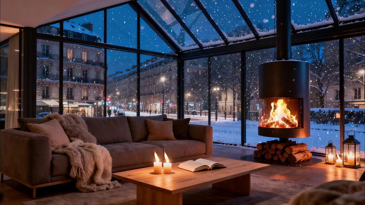 Winter Night Fireplace Ambience  Relax and Focus with Snowfall & Cozy Atmosphere 🔥