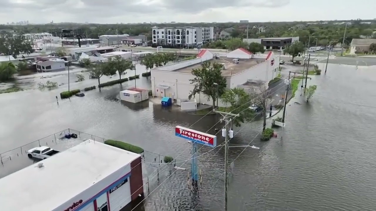 Hurricane Milton storm surge brings flooding to Tampa, Florida, as seen from the air