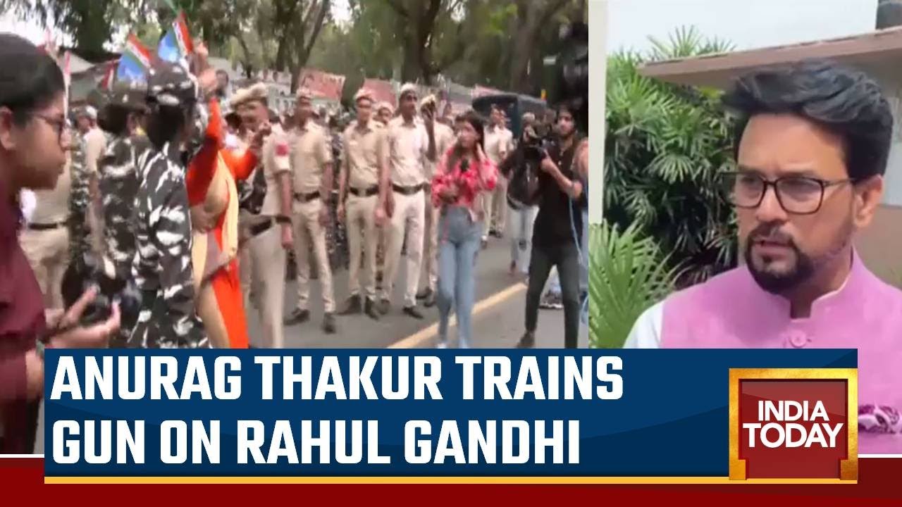 Watch: Union Minister Anurag Thakur Hits Out At Rahul Gandhi Over Defamation Case Amid Protests