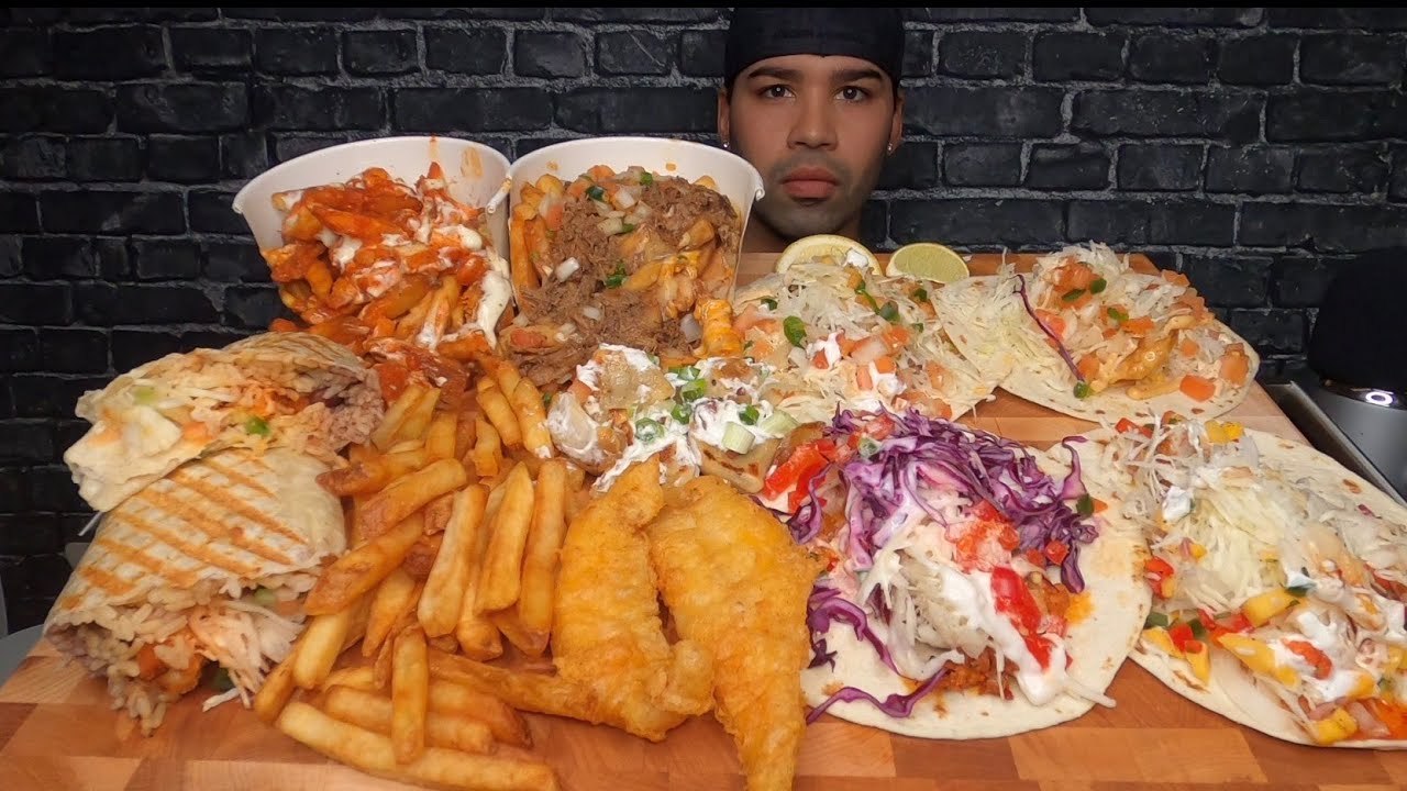 (ASMR NO TALKING) TACOS, FISH & CHIPS, POUTINE, BURRITO, PIEROGIES MUKBANG