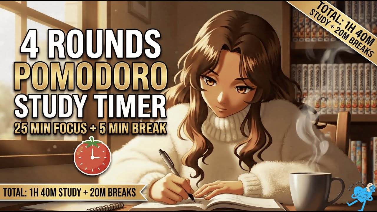 4x Pomodoro Study Timer: 25 Min Focus + 5 Min Break | 1h40 Study Session
