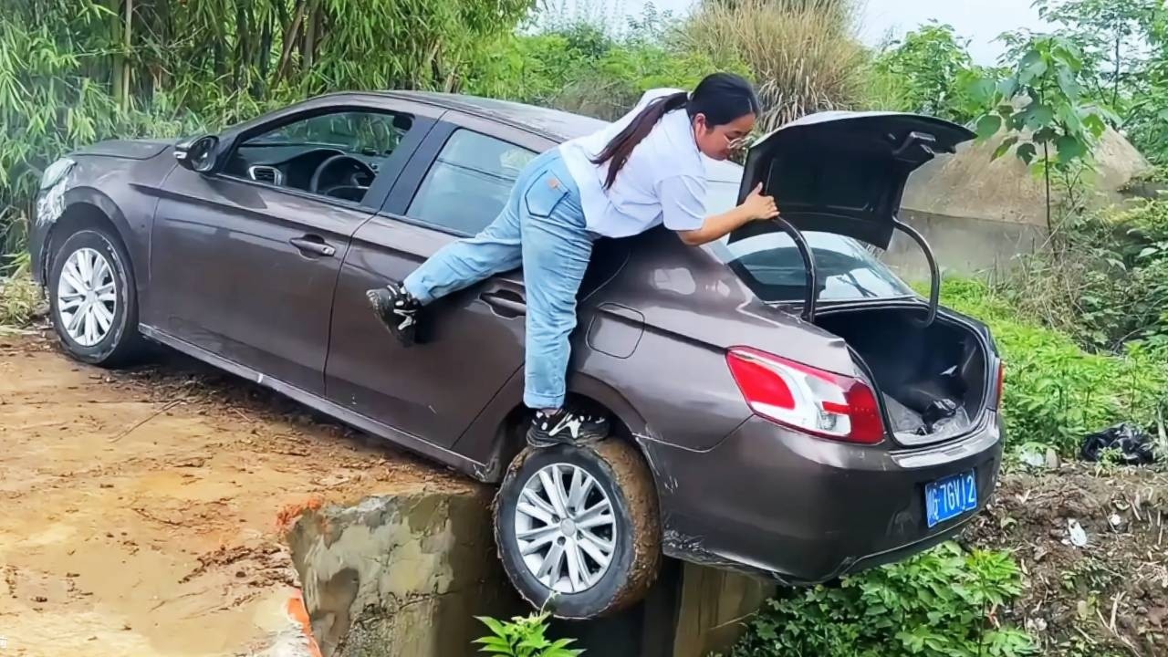 Female Driver Reverses And Falls Off Curb#automobile#funny