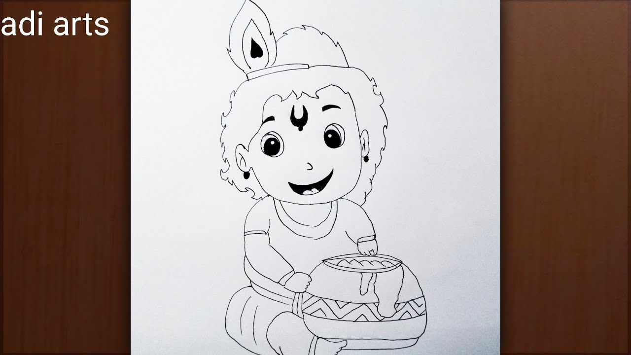 Balak krishna makhan chor outline pencil drawing | god krishna art | adi arts 
