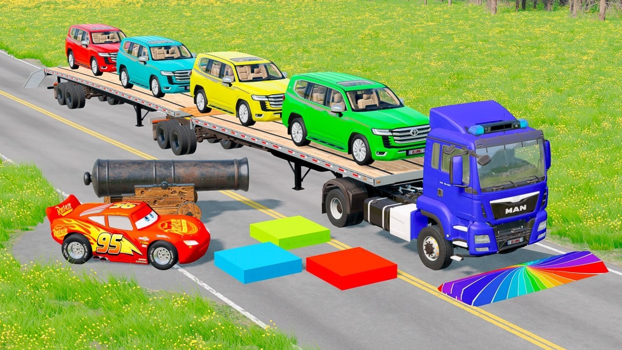 TRANSPORTING PIXAR CARS & FRUITS WITH COLORED & JOHN DEERE vs CLAAS vs TRACTORS - BeamNG.drive #983