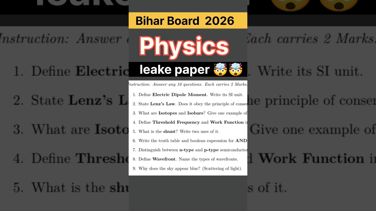Class 12 Physics BSEB 2026 🔥 | Kal Ka Exam | Most Important Questions | 100% Sure 