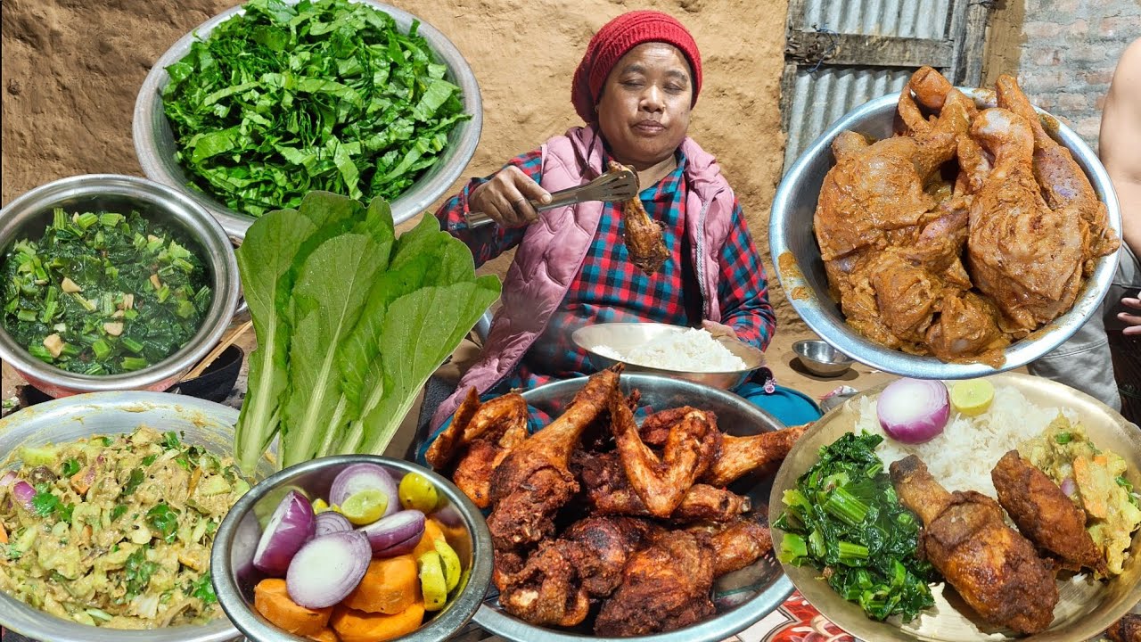 🥰Nepali Village life ||  cooking and eating local food fried chicken,pickle,saag with rice🤤 