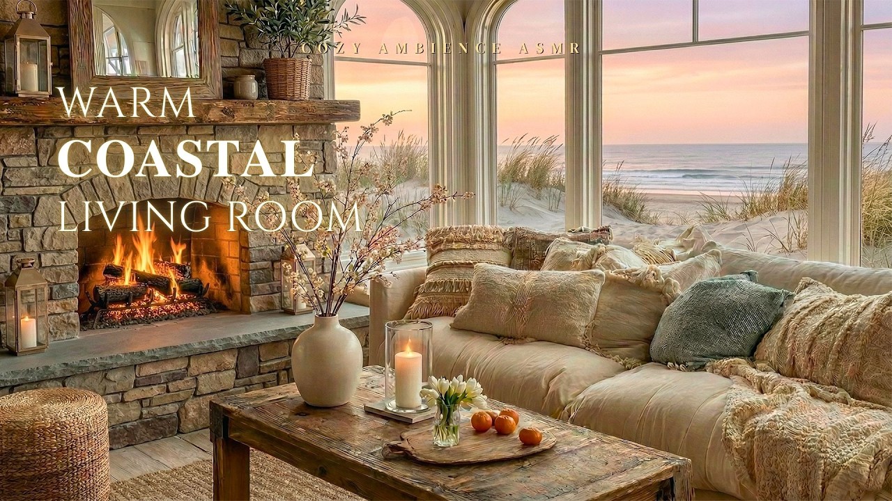 Warm Coastal Living Room 🔥Fireplace Crackles & Ocean Waves for Deep Relaxation