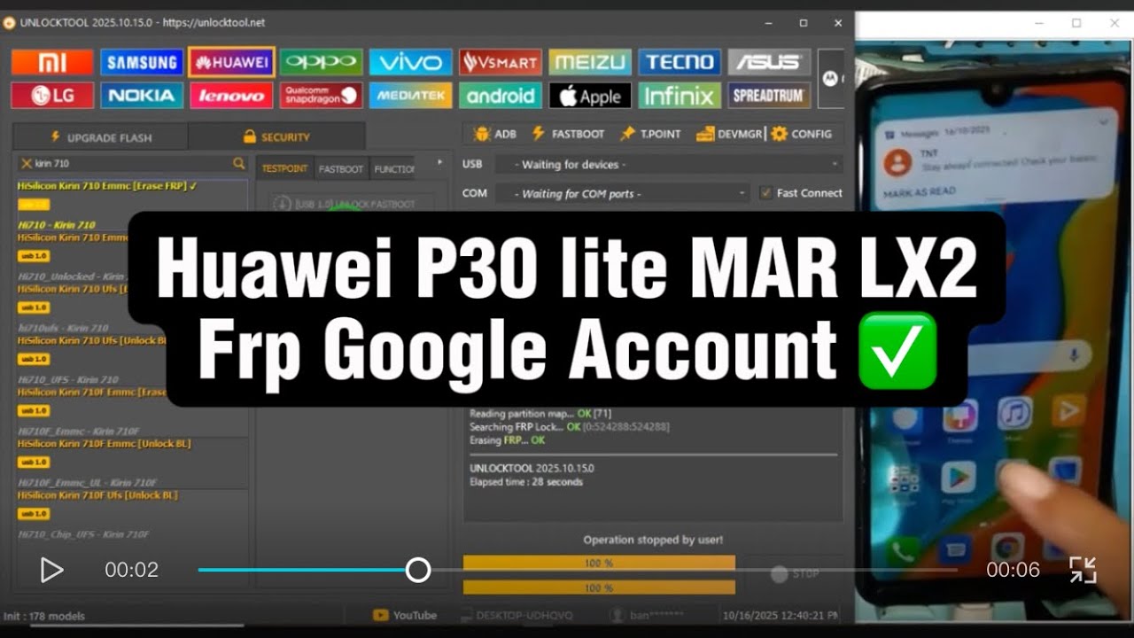 Huawei P30 lite MAR LX2 Frp Google Account bypass with UnlockTool