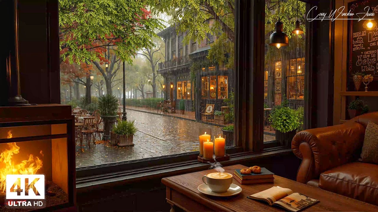 Warm Rainy Day in a Coffee Shop ☕ Piano Jazz & Cozy Fireplace Ambience for Study and Relaxation