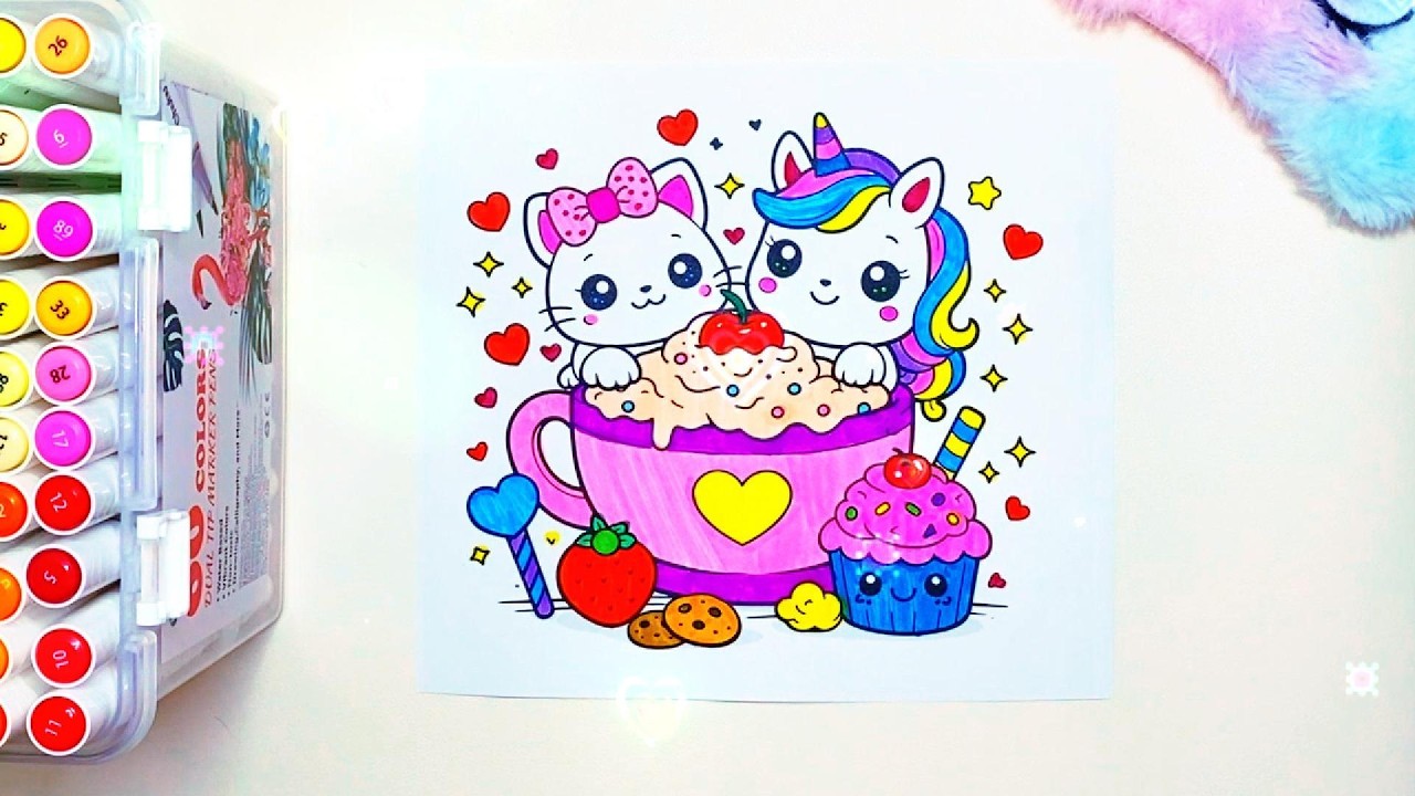 Unicornio Gatito Kawaii Colorear infantil | Colorea con Andrea #colorear #viral #viralvideo