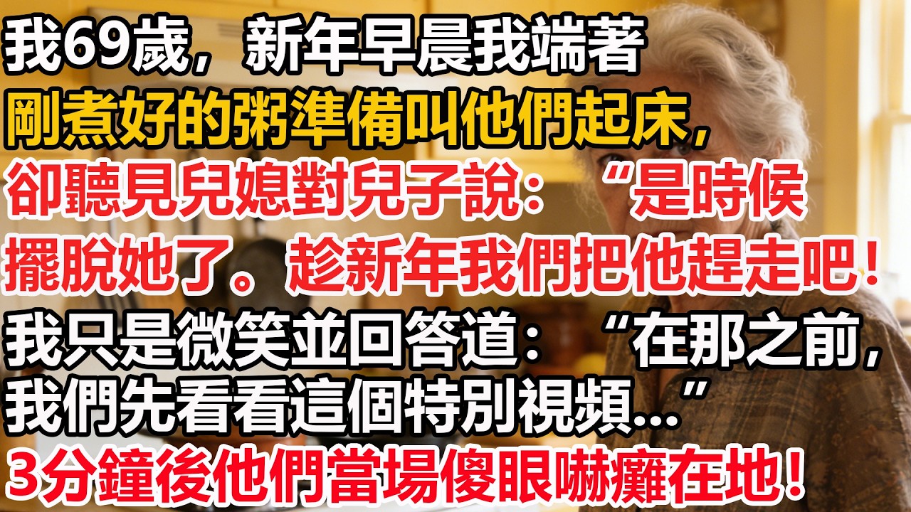 我69歲，新年早晨，我端著剛煮好的粥準備叫他們起床，卻聽見兒媳對兒子說：“是時候擺脫她了。趁新年我們把他趕走吧！”我只是微笑並回答道：“在那之前，我們先看看這個特別視頻”3分鐘後他們當場傻眼嚇癱在地！