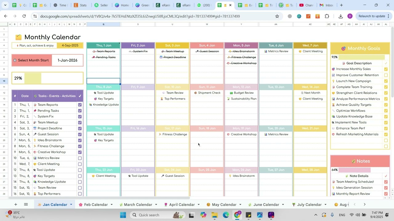 Monthly Calendar - Task Calendar - Task Tracker - Events Calendar - Activities Calendar