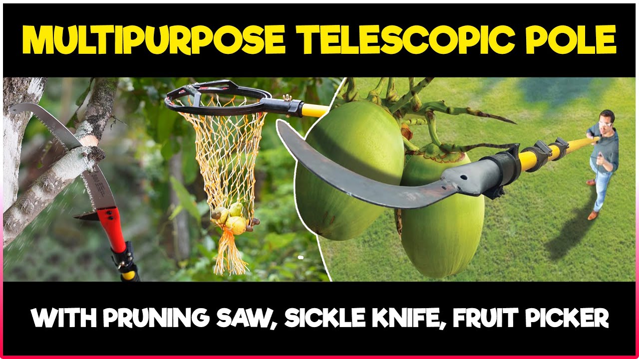 Multipurpose TELESCOPIC POLE with PRUNING SAW, SICKLE KNIFE HARVESTER & FRUIT PLUCKER attachments