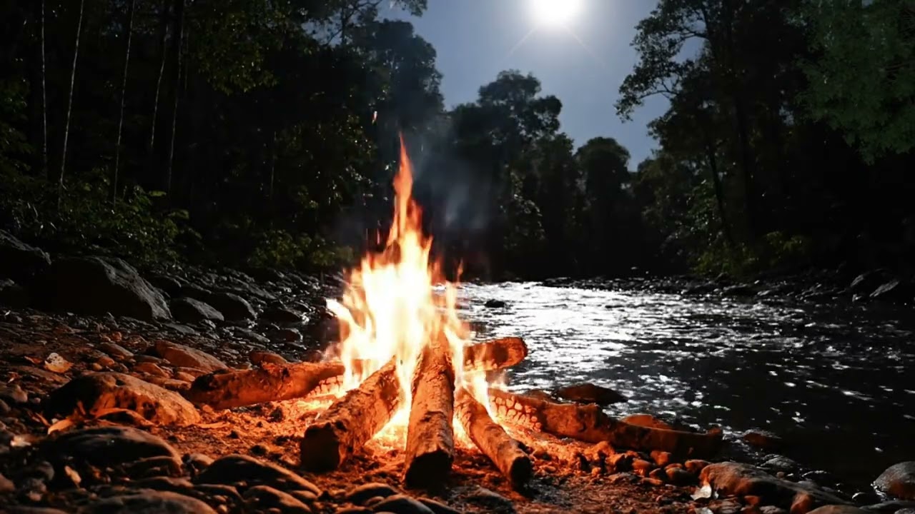 2 Hour Relaxing Piano 🎹 River Flow & Crackling Fire  Peaceful Forest Night