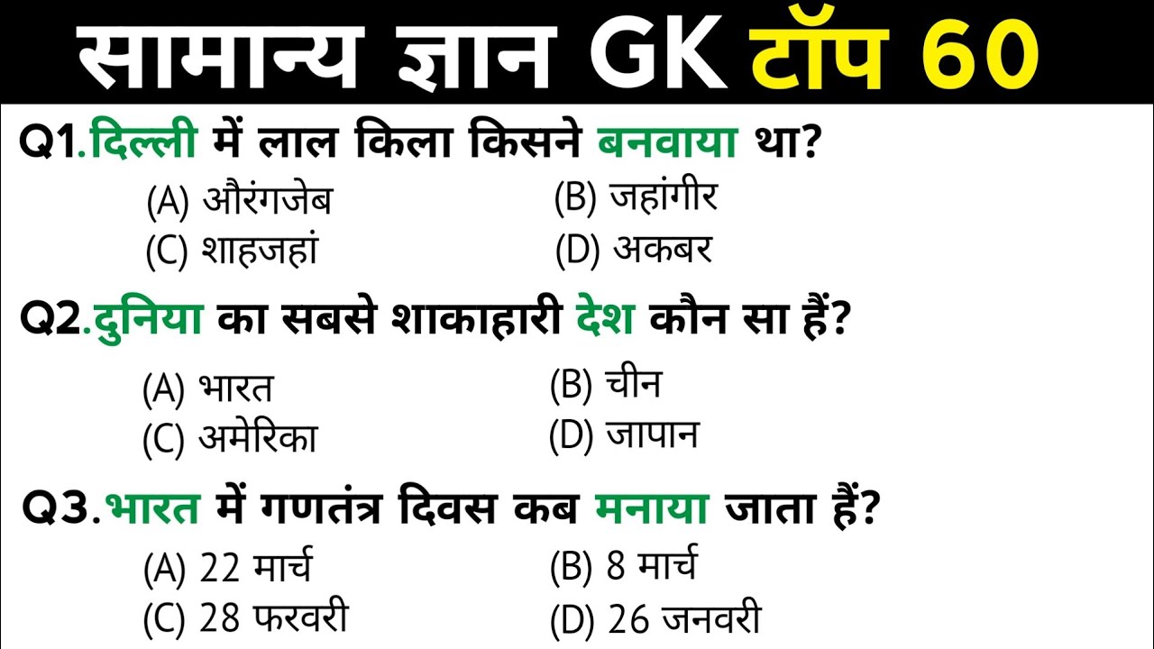 सामान्य ज्ञान | General Knowledge | Top 60 Gk GS questions | SSC GD, MTS, RPF, CRPF | GK quiz