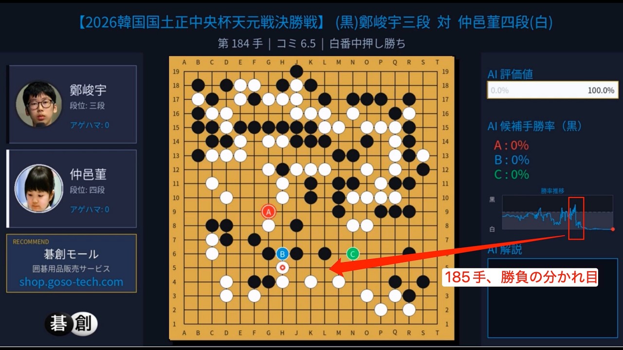 【2026韓国国土正中央杯天元戦決勝戦】(黒)鄭峻宇三段 対 仲邑菫四段(白) | AI解析