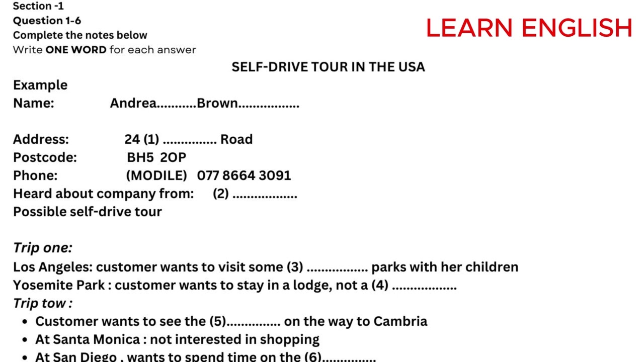 IELTS LISTENING TEST| Ielts practice test (Self-drive tours in the USA) | section 1