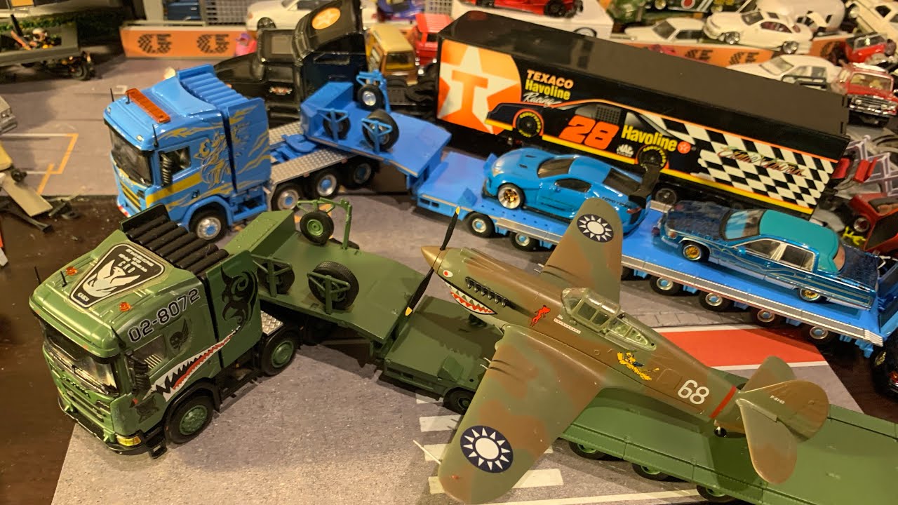 1/64スカニアR650 シャークマウス仕様改造 重機トレーラー　MASDI、テキサコ仕様トランスポーター　truck trailer diecastcarscollection トラックcustom