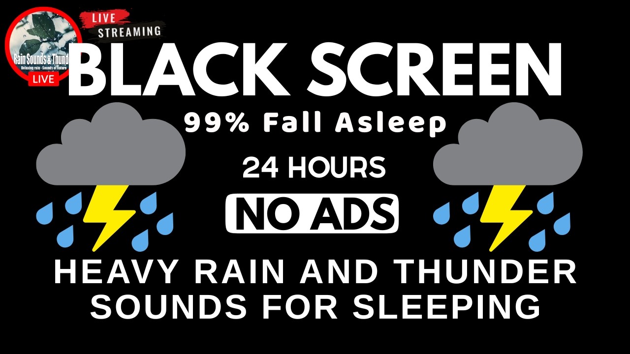 🔴 Heavy Rain & Thunder Sounds ⚡| Black Screen - Deep Sleep, Relaxation & Stress Relief, Live Stream