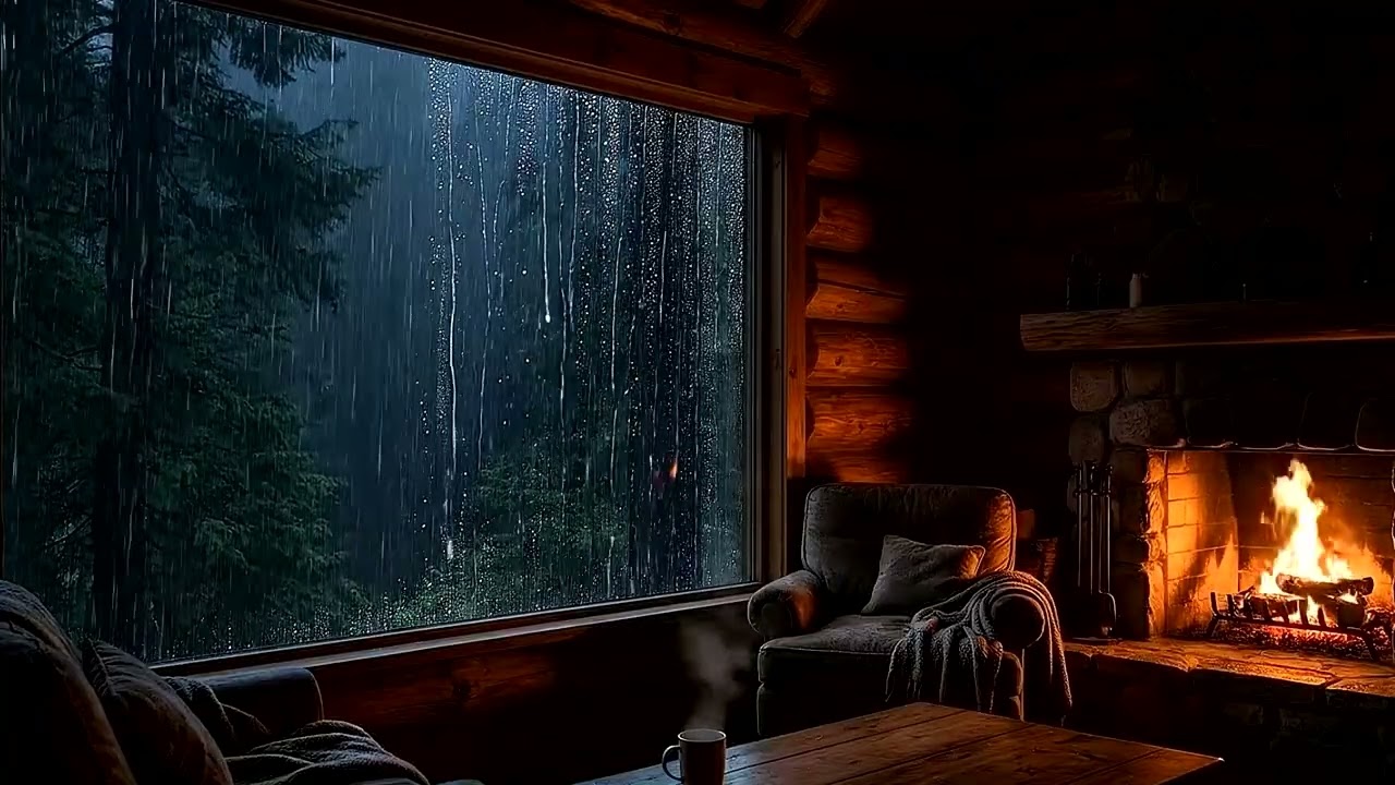 Heavy Rain on Cabin Window with Fireplace 🔥 8 Hours Deep Sleep Ambience