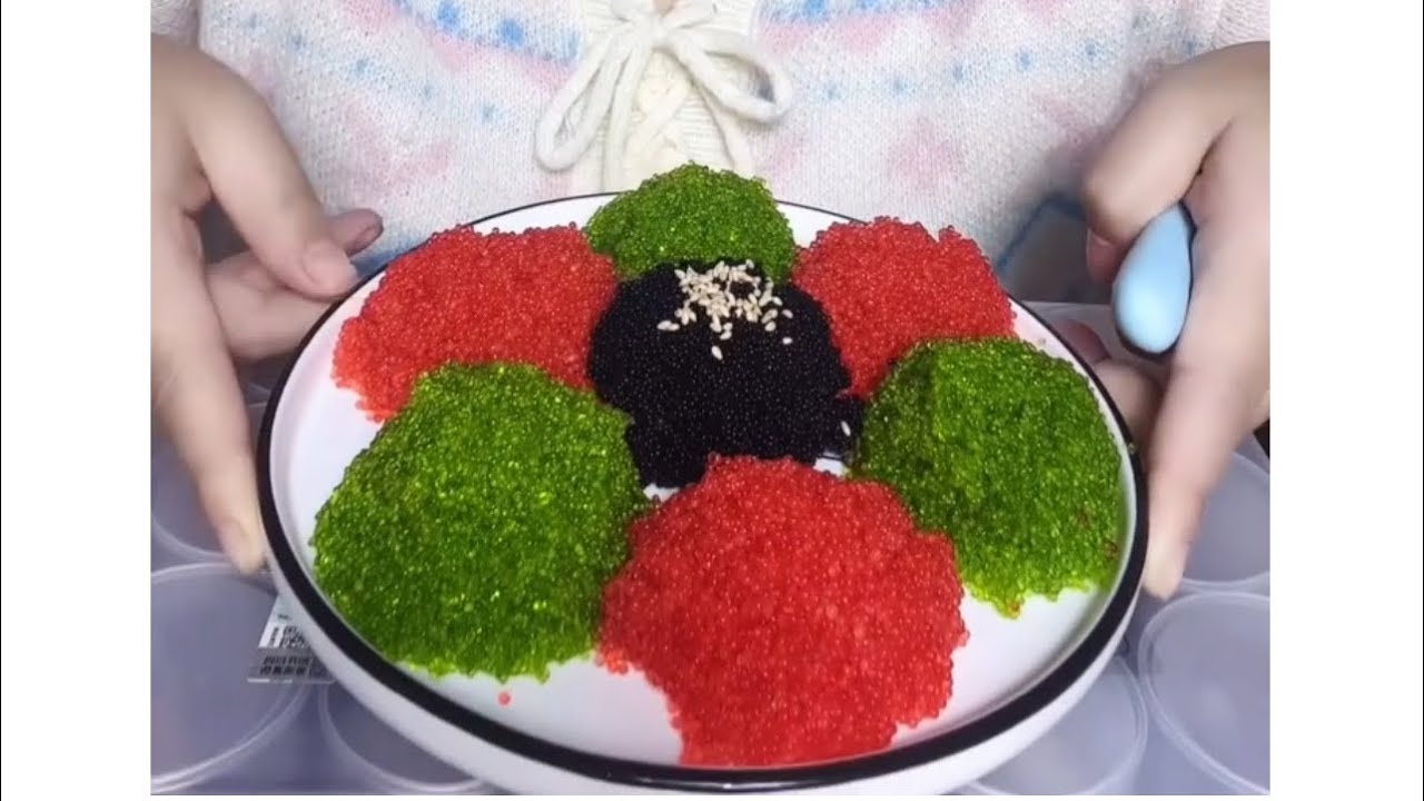 ASMR ) Cut Eating  Mixed Colored Fish Eggs and Garlic🐟🐠 🐡🐡🐠🐠