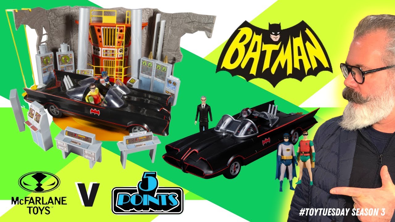 Mezco 1966 Batman Deluxe Boxed Set Verses McFarlain Batcave Playset, Batmobile, Batman & Robin