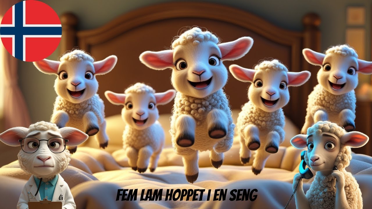 Fem lam hoppet i en seng 🛏️🦙 Jam med Lam | Barnesanger på Norsk🧒